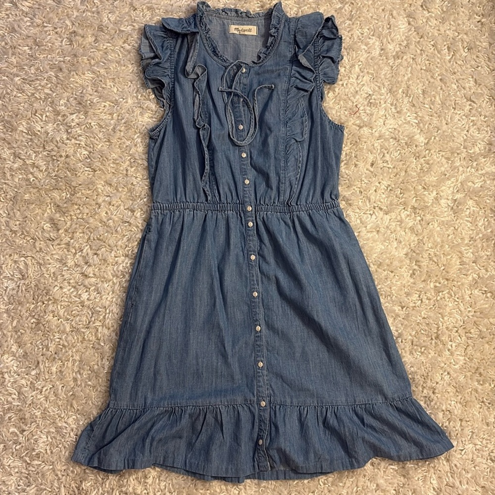 Madewell Blue Ruffled Chambray Button-Front Dress